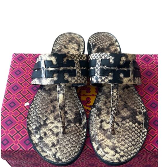 Tory Burch Shoes - Tory Burch Leigh Thong Sandals 9.5 Roccia Snakeskin Black Logo